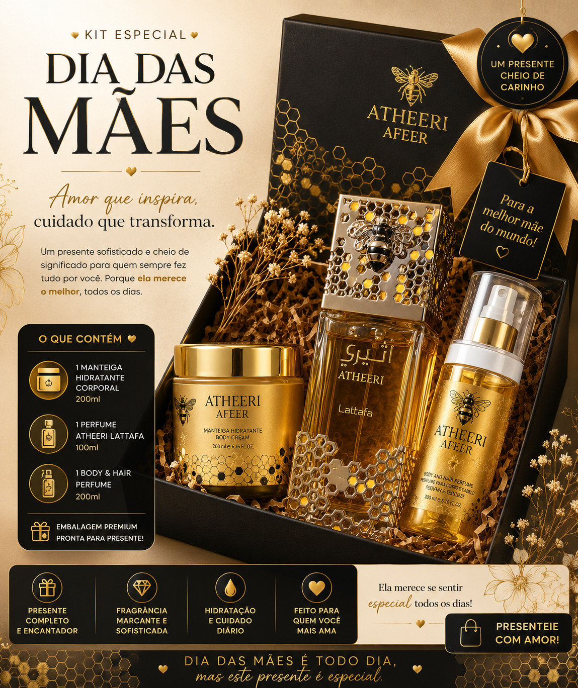 Kit Atheeri Lattafa - Manteiga, Perfume e Body Spray